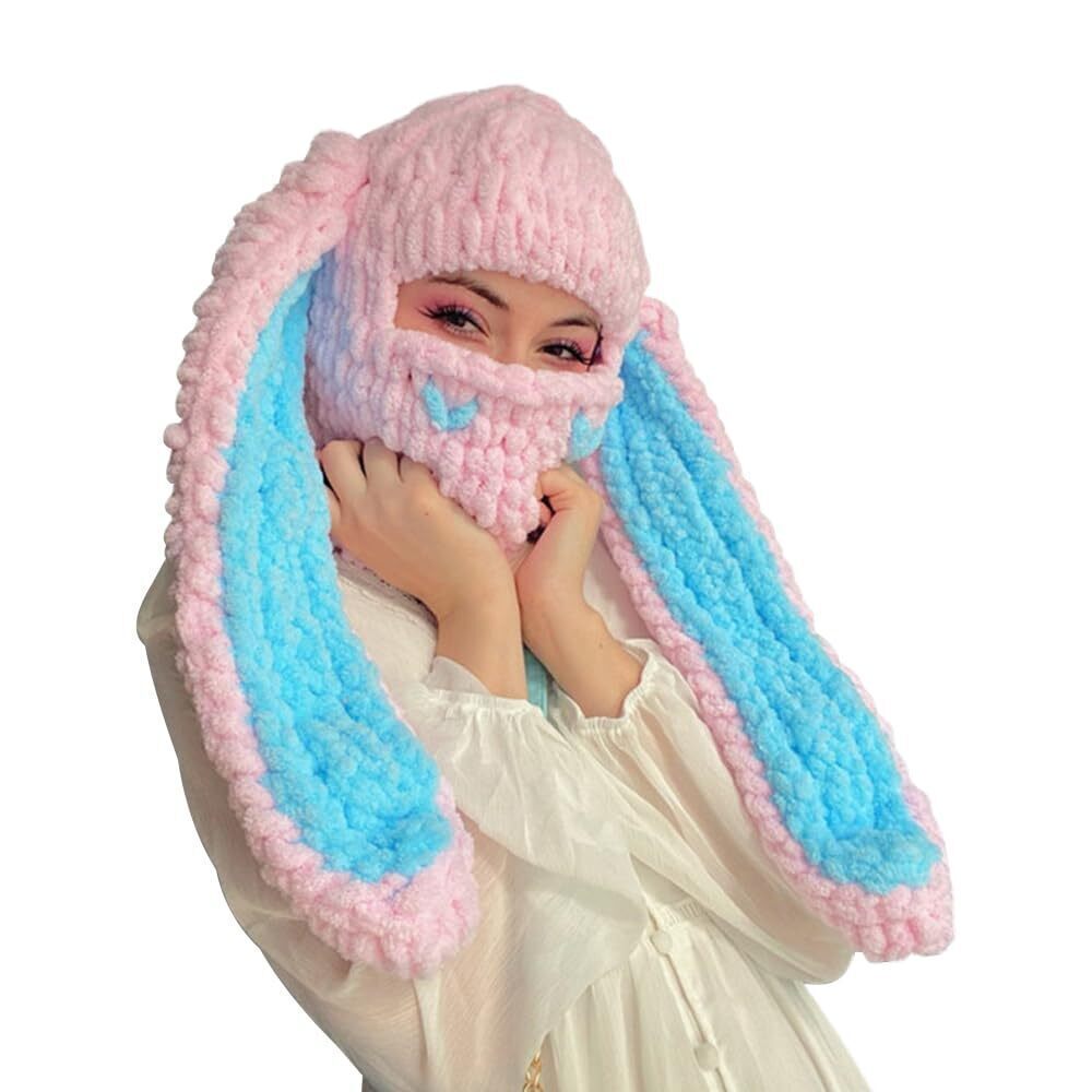 3979 Thickened Crochet Knit Balaclava Hat Girls, Funny Long Bunny Ears